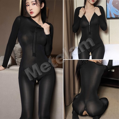 Black Womens Sheer Shiny Jumpsuit Bodystocking Zipper Bodysuit Lingerie Catsuit