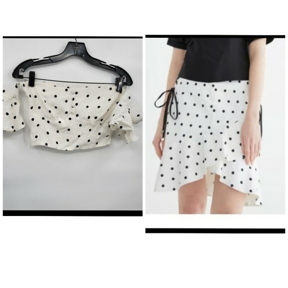 Blancore Women White 2 Piece Polkadot Off Shoulder Crop Top Ruffle Skirt Small