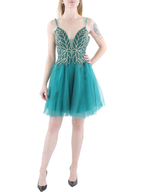 BLONDIE NITES Womens Sleeveless V Neck Above The Knee Party Fit + Flare Dress