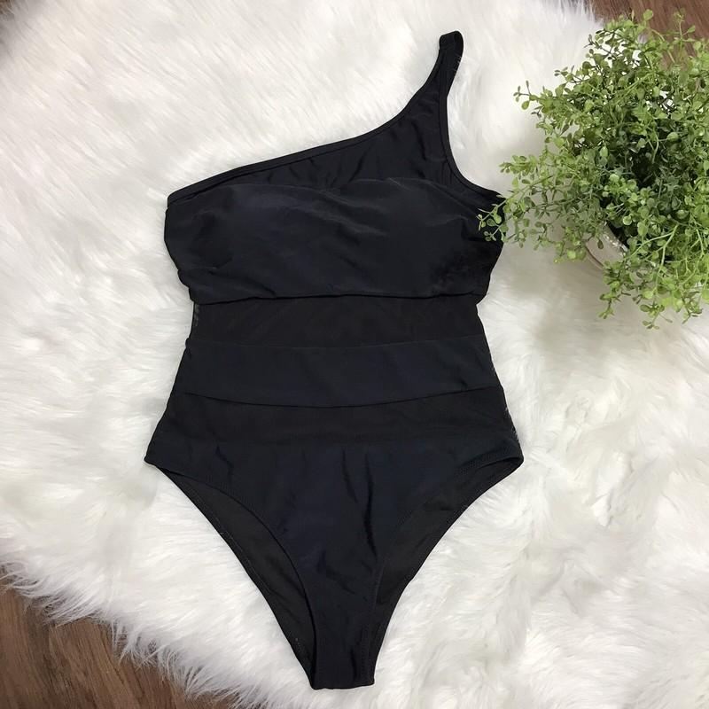 Blooming Jelly Size M Women One Shoulder Swimming Black Mesh One Piece Sexy