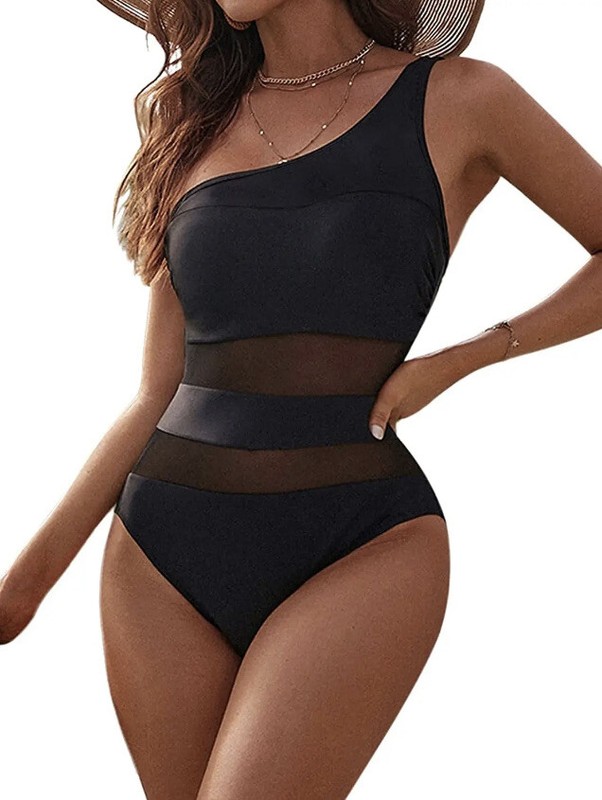 Blooming Jelly size M Women One Shoulder Swimming Black Mesh One Piece Sexy