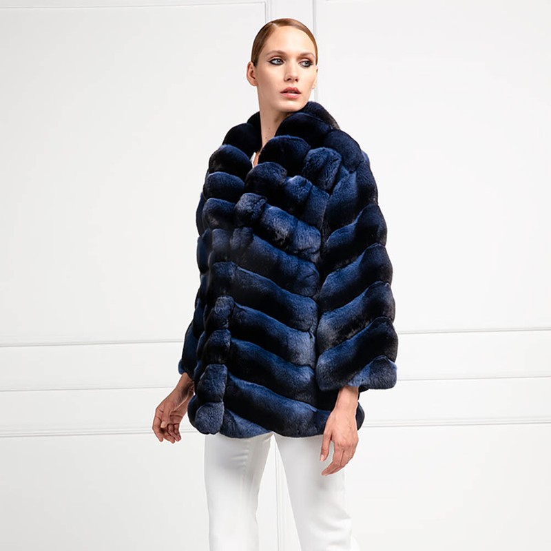Blue Chinchilla Slim Women Winter Real Rex Rabbit Fur Coat Lapel Jacket Overcoat