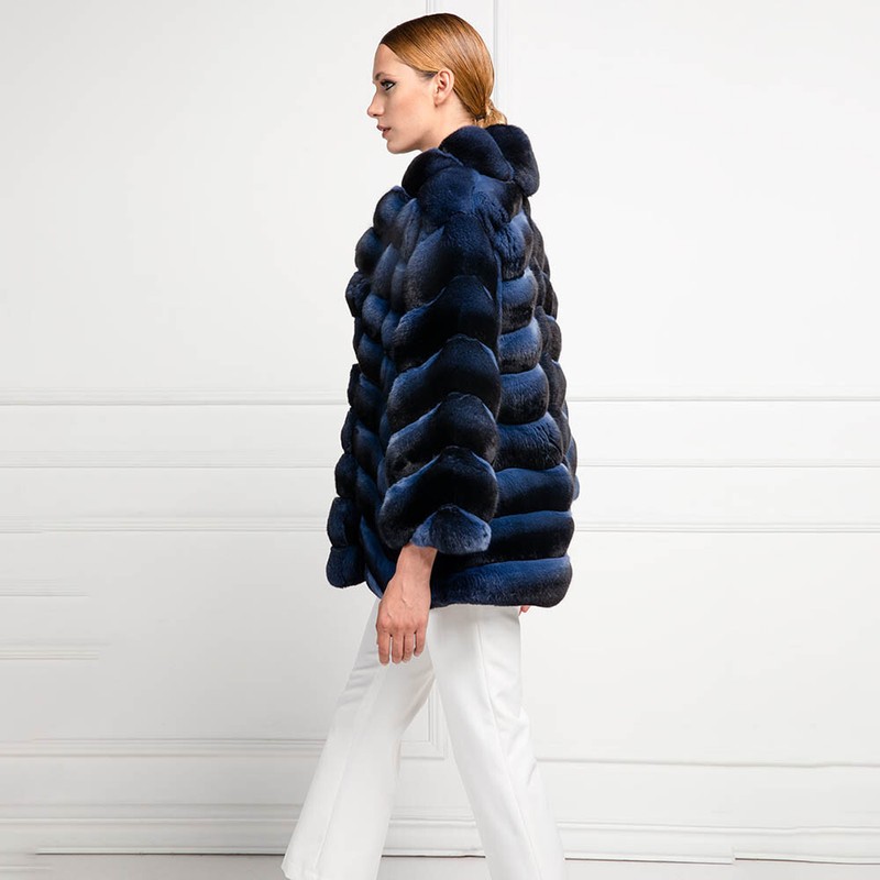 Blue Chinchilla Slim Women Winter Real Rex Rabbit Fur Coat Lapel Jacket Overcoat