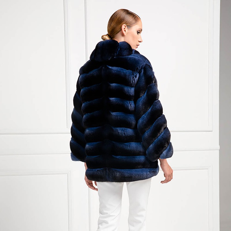 Blue Chinchilla Slim Women Winter Real Rex Rabbit Fur Coat Lapel Jacket Overcoat
