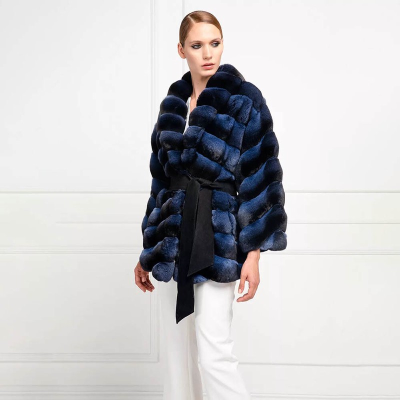 Blue Chinchilla Slim Women Winter Real Rex Rabbit Fur Coat Lapel Jacket Overcoat