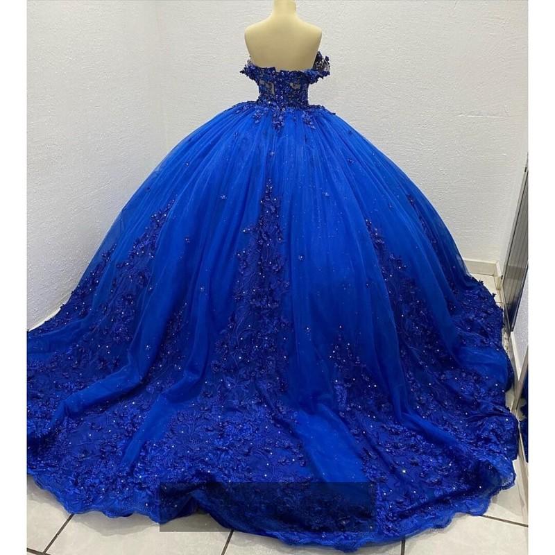 Blue Quinceanera Dresses 3D Flower Sweet 16 Girls Ball Gowns Formal Prom Dress