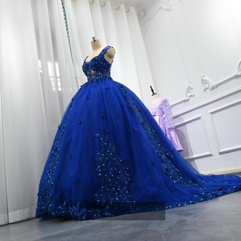 Blue Quinceanera Dresses 3D Flower Sweet 16 Girls Ball Gowns Formal Prom Dress