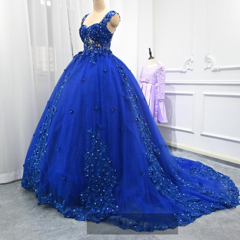 Blue Quinceanera Dresses 3D Flower Sweet 16 Girls Ball Gowns Formal Prom Dress