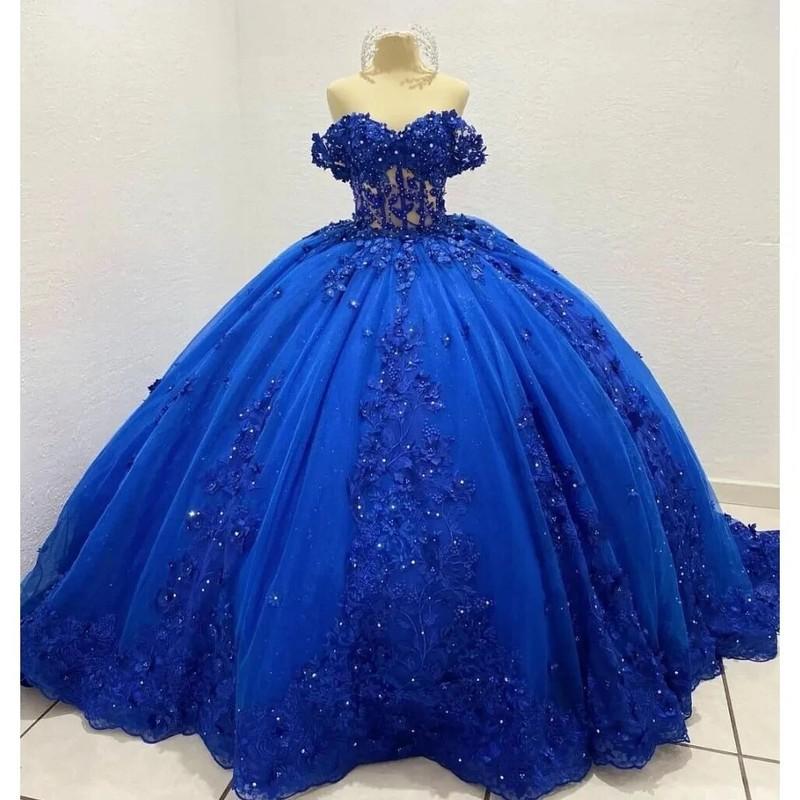 Blue Quinceanera Dresses 3D Flower Sweet 16 Girls Ball Gowns Formal Prom Dress