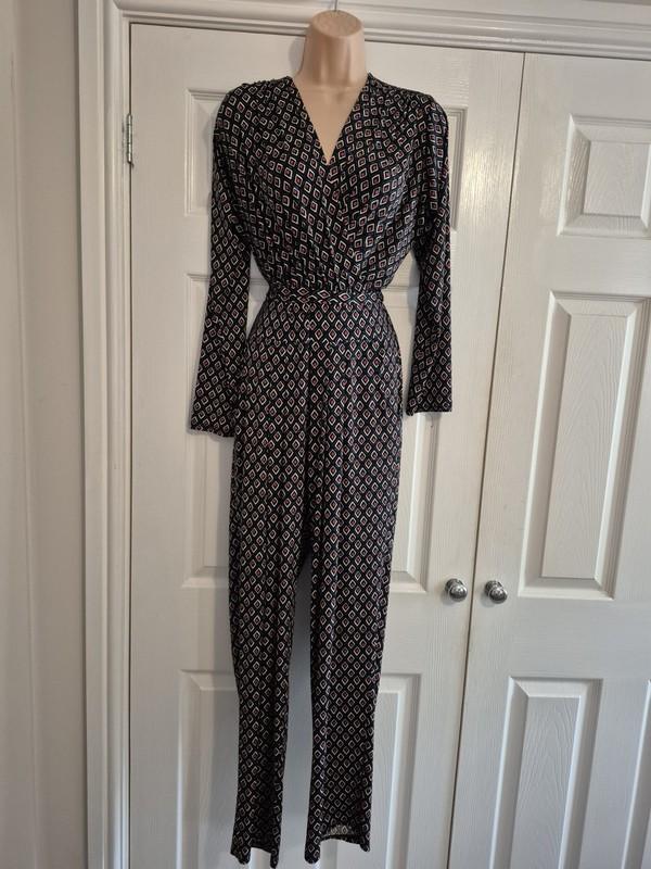 Blue & Red Patterned Belted Jumpsuit Size 16 By Onjenu