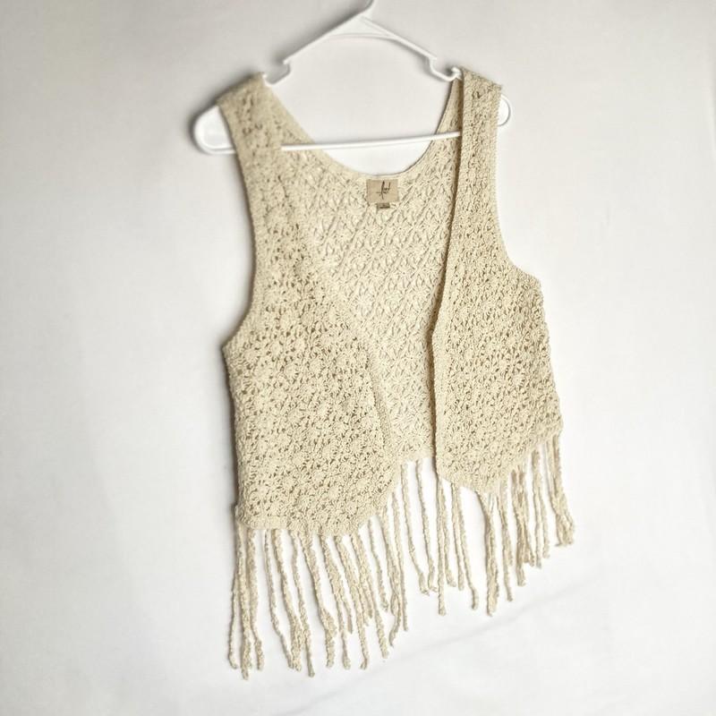 Boho Crochet Fringe Vest Women L Cream Hippie Cowgirl Open Cropped Festival Lost