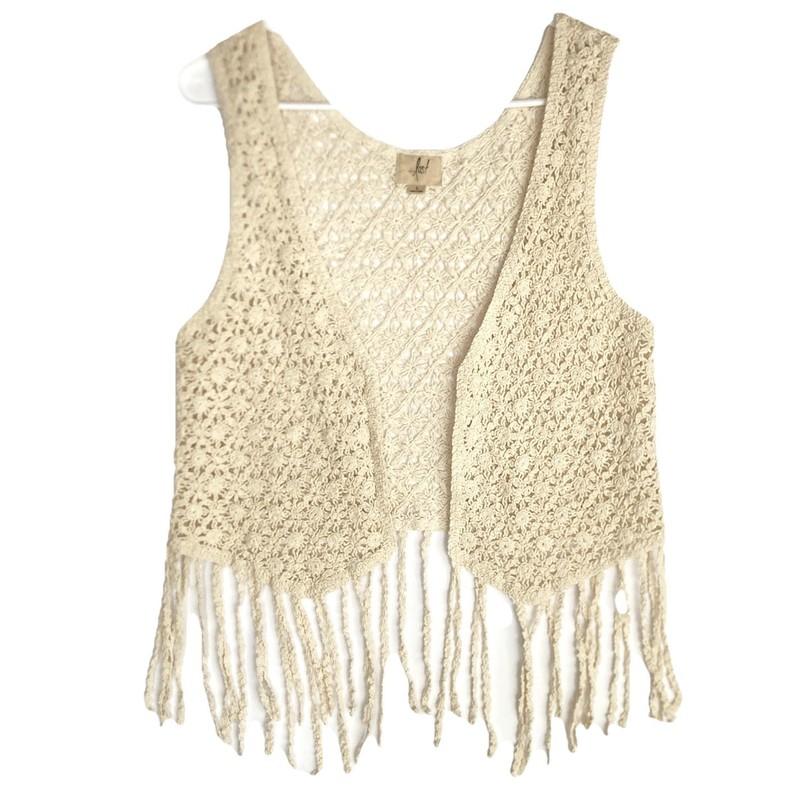 Boho Crochet Fringe Vest Women L Cream Hippie Cowgirl Open Cropped Festival Lost