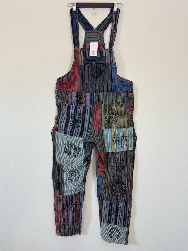 Boho Hippie Style Patchwork Jumpsuit With Straight-Leg And 2 Side Pockets