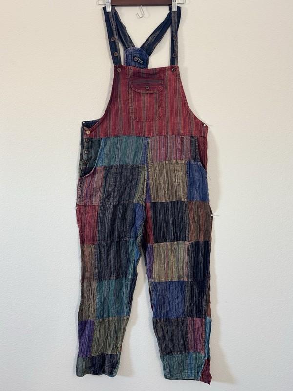 Boho Hippie Style Patchwork Jumpsuit With Straight-Leg And 2 Side Pockets