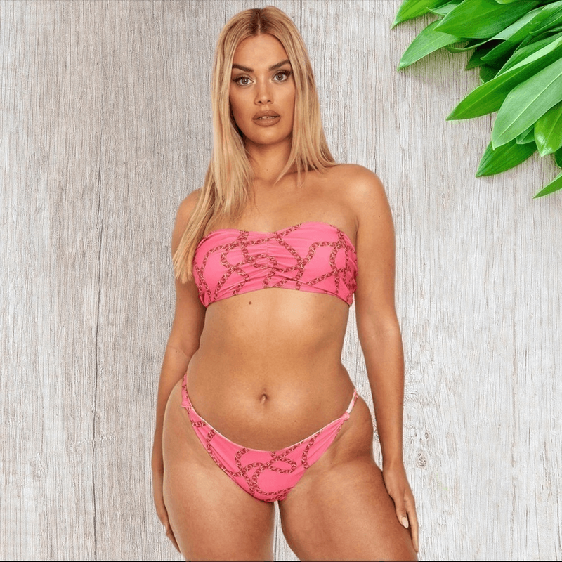Boohoo Chain Print Bandeau Bikini Set In Hot Pink 18