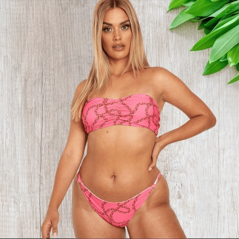 Boohoo Chain Print Bandeau Bikini Set In Hot Pink 18