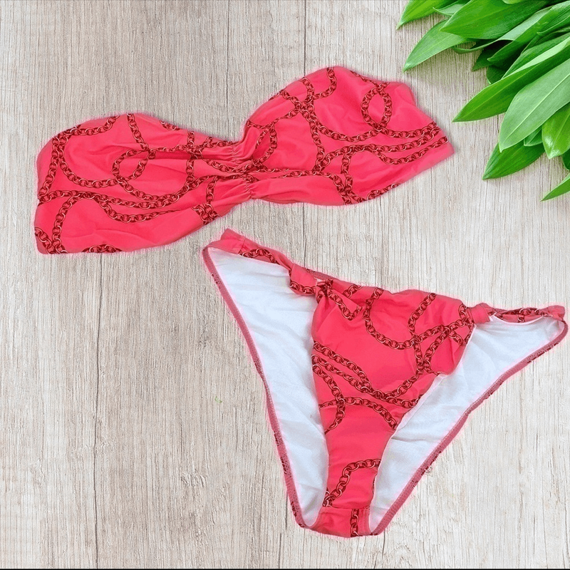 Boohoo Chain Print Bandeau Bikini Set in Hot Pink 18