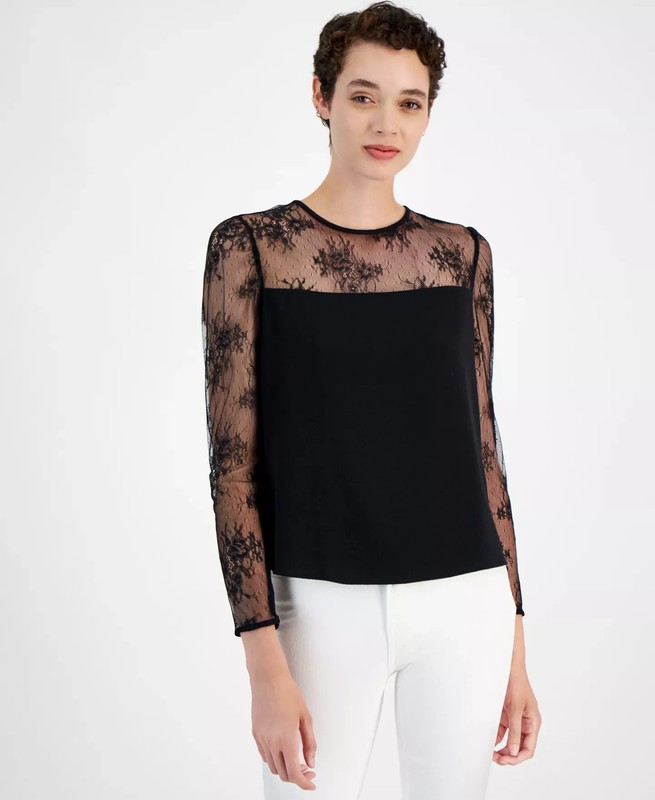 BOSS Orange Women's Top Sz L Bettina Lace-Trim Crewneck