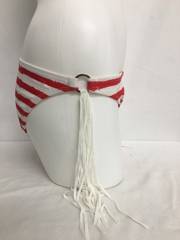BP CHEEKY LOW RISE SIDE FRINGE TASSLE SWIM BIKINI BOTTOM RED WHITE STRIPE LARGE