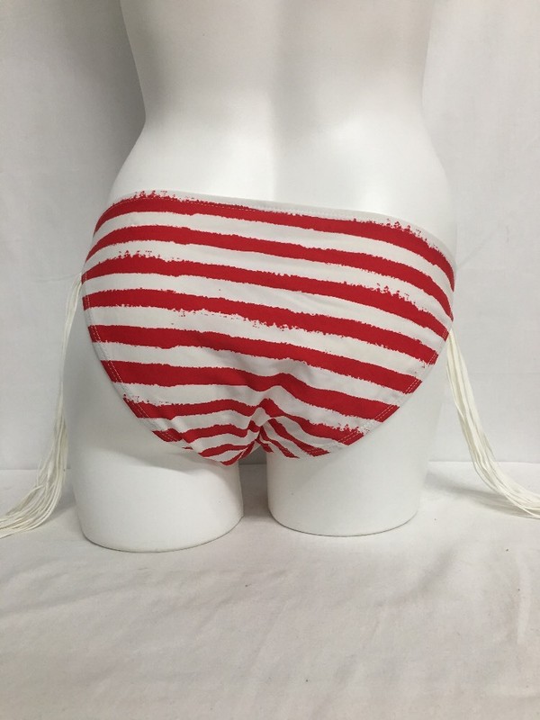 BP CHEEKY LOW RISE SIDE FRINGE TASSLE SWIM BIKINI BOTTOM RED WHITE STRIPE LARGE