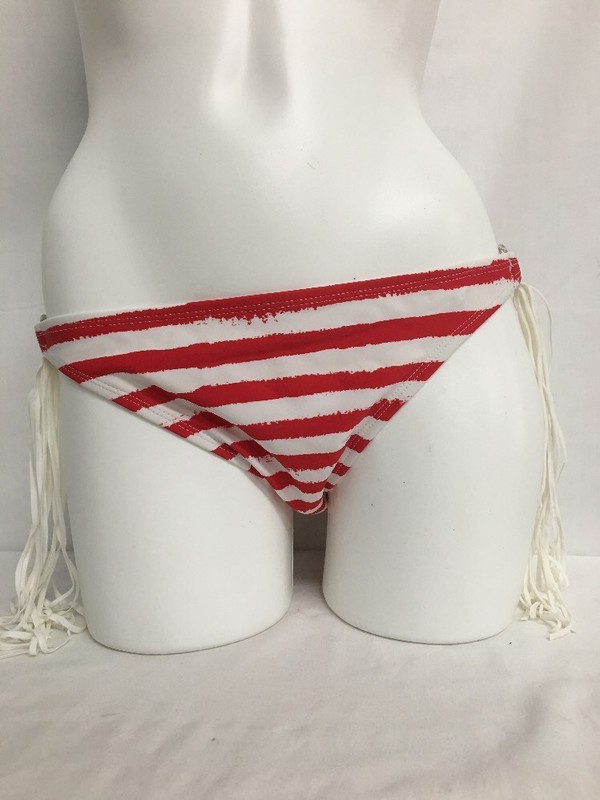 BP CHEEKY LOW RISE SIDE FRINGE TASSLE SWIM BIKINI BOTTOM RED WHITE STRIPE LARGE