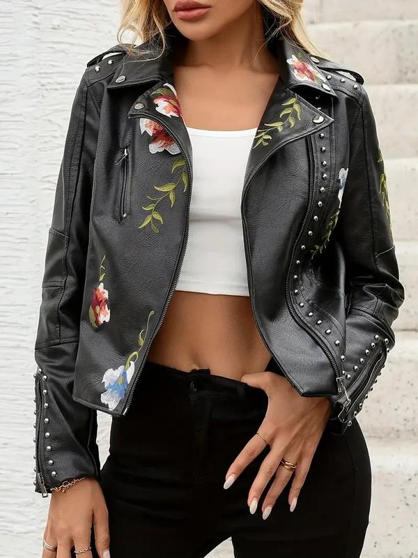 BRAND NEW Motor Cycle Faux Leather Jacket - Floral Embroidered-Black Or Cream