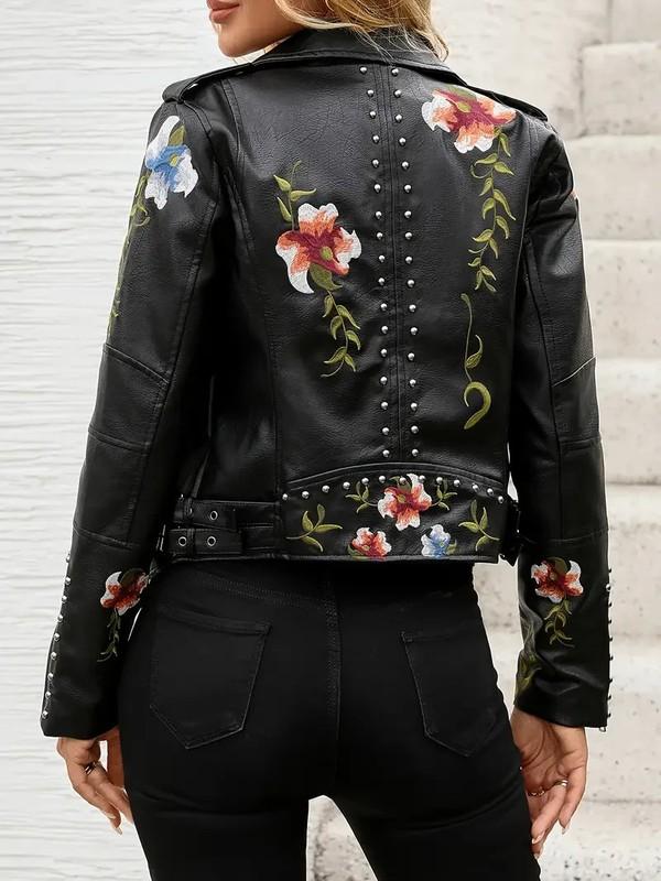 BRAND NEW Motor Cycle Faux Leather Jacket - Floral Embroidered-Black Or Cream