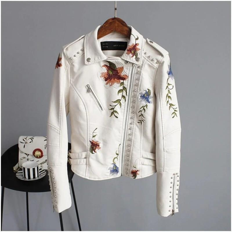 BRAND NEW Motor Cycle Faux Leather Jacket - Floral Embroidered-Black Or Cream