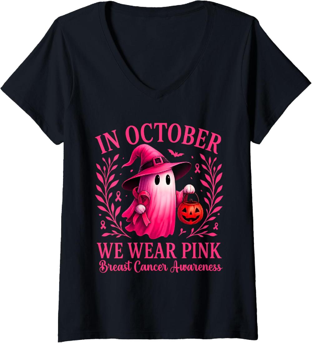 Breast Cancer Halloween In October We Wear Pink Ladies' V-Neck Tshirt