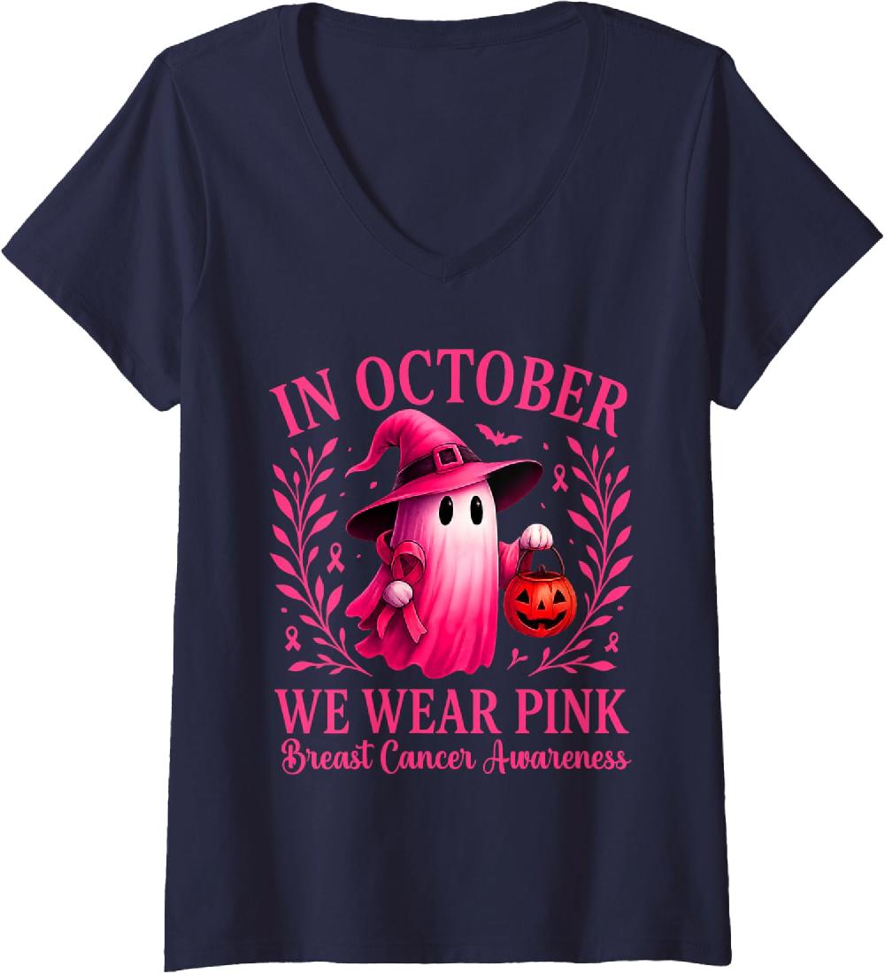 Breast Cancer Halloween In October We Wear Pink Ladies' V-Neck Tshirt