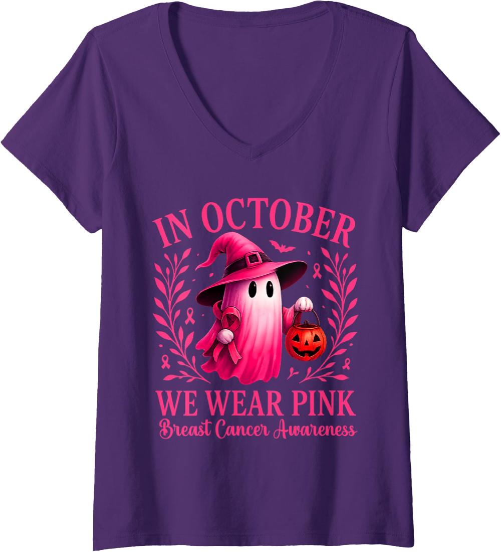Breast Cancer Halloween In October We Wear Pink Ladies' V-Neck Tshirt