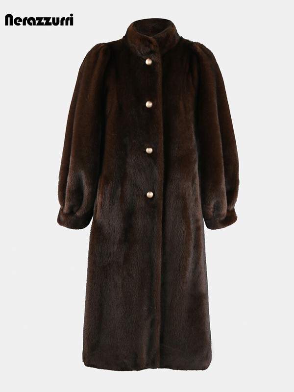 Brown Mink Fur Coat Womens Long Puff Sleeves Stand Collar Mother Single Breasted