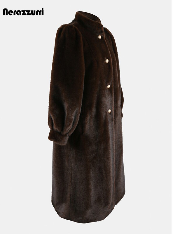 Brown Mink Fur Coat Womens Long Puff Sleeves Stand Collar Mother Single Breasted