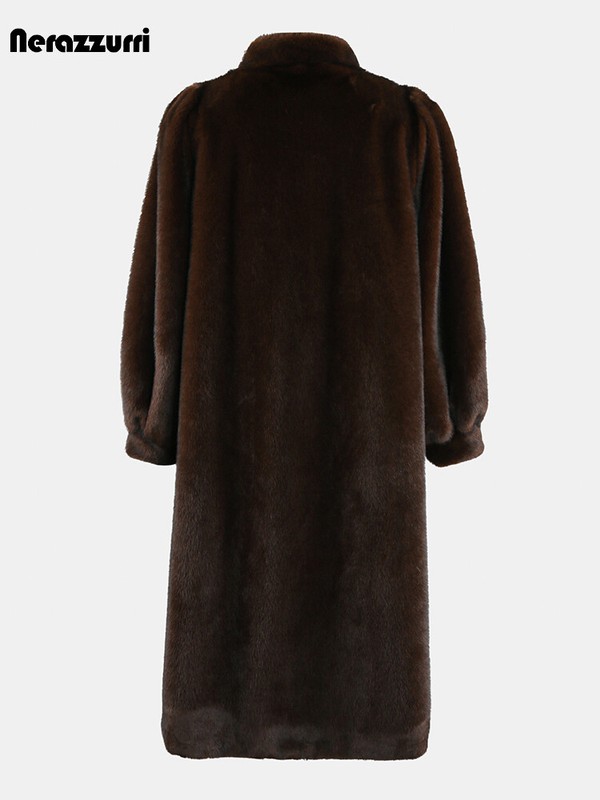 Brown Mink Fur Coat Womens Long Puff Sleeves Stand Collar Mother Single Breasted