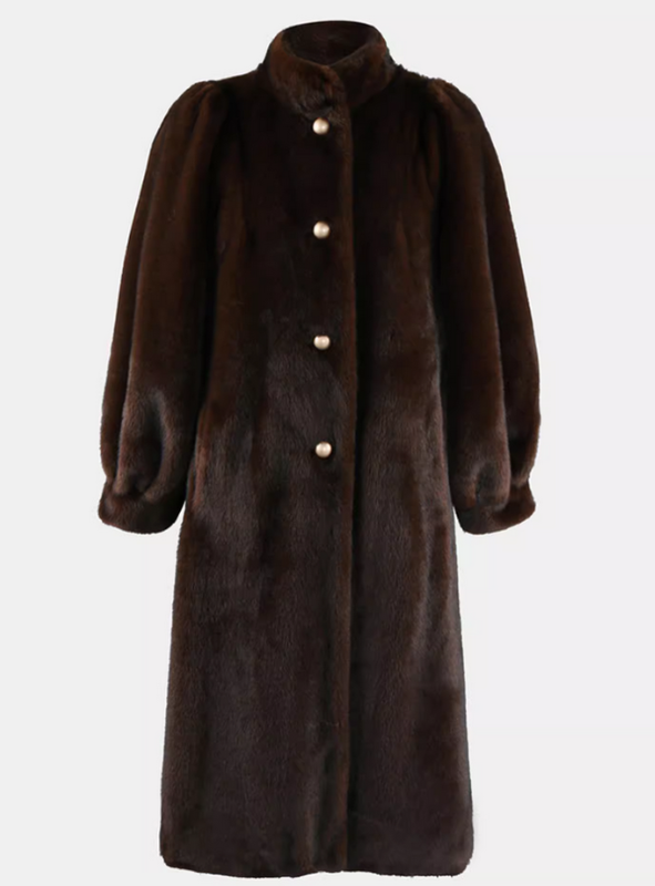 Brown Mink Fur Coat Womens Long Puff Sleeves Stand Collar Mother Single Breasted