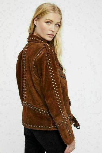 Brown Women Suede Genuine Studded Biker Leather Jacket Stylish Handmade Jacket