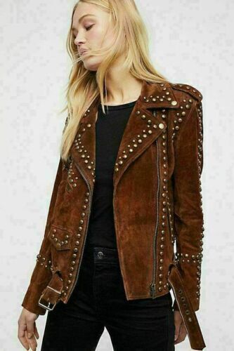 Brown Women Suede Genuine Studded Biker Leather Jacket Stylish Handmade Jacket