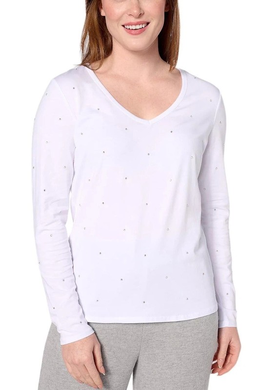 BumbleBella by Jill Martin Bejeweled V-Neck Long Sleeve Tee White XS New