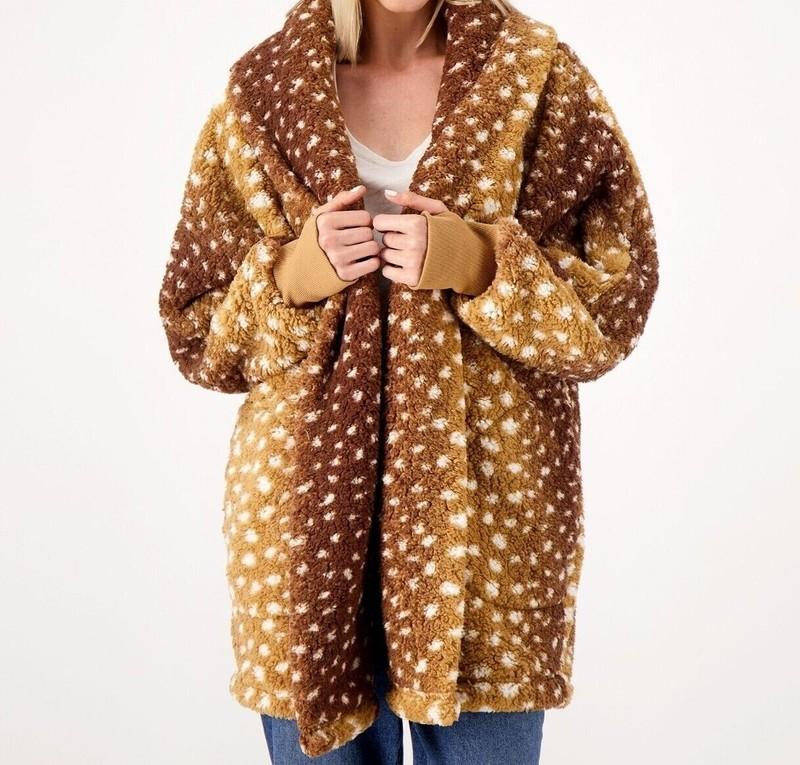 BumbleBella by Jill Martin Sherpa Lounger Coat Jacket ShawlCollar Button CARAMEL