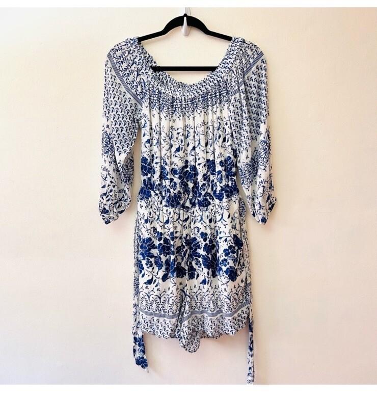 By Anthropologie Clemente Blue Floral Off Shoulder Short Romper Size XS