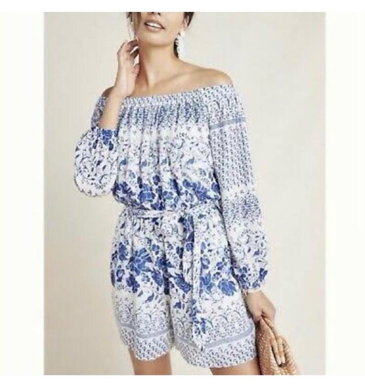 By Anthropologie Clemente blue floral off shoulder short romper size XS