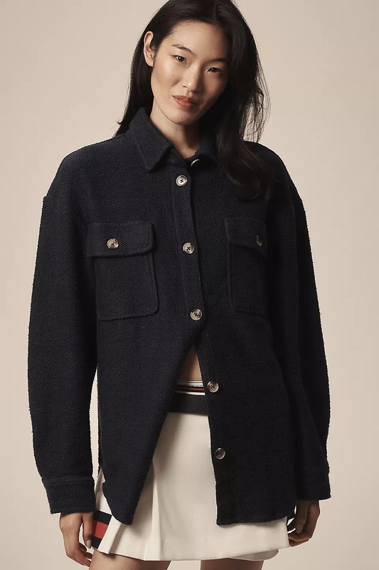 By Anthropologie Knit Button-Up Shacket Jacket Navy Blue Size Medium NWT $108