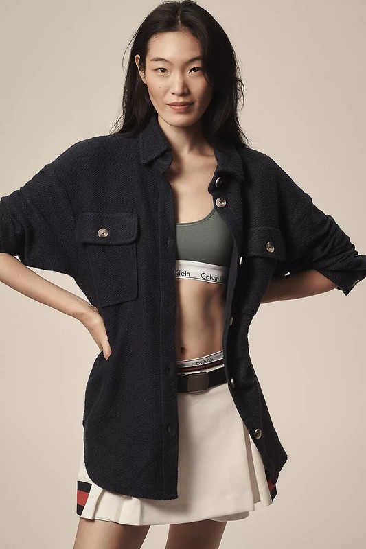 By Anthropologie Knit Button-Up Shacket Jacket Navy Blue Size Medium NWT $108