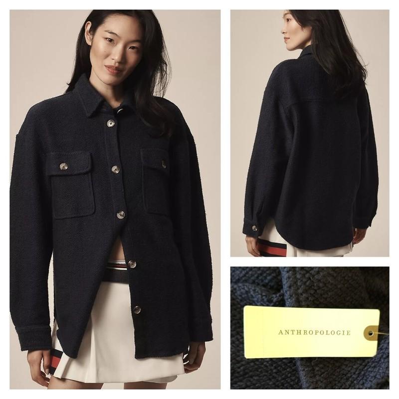 By Anthropologie Knit Button-Up Shacket Jacket Navy Blue Size Medium NWT $108
