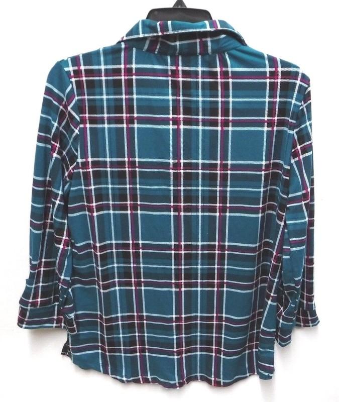 By Design Womens Medium Plaid Embroidered Roll Tab Sleeve Knit Button Shirt New