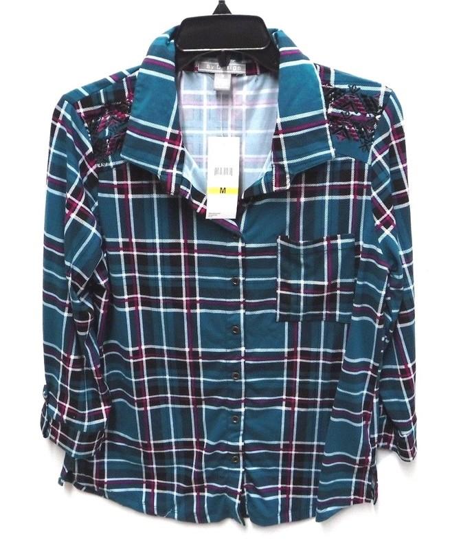 By Design Womens Medium Plaid Embroidered Roll Tab Sleeve Knit Button Shirt New