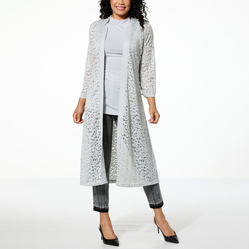 C Wonder by Christian Siriano Lace and Ponte Knit Topper Petites Shirt Light Gra