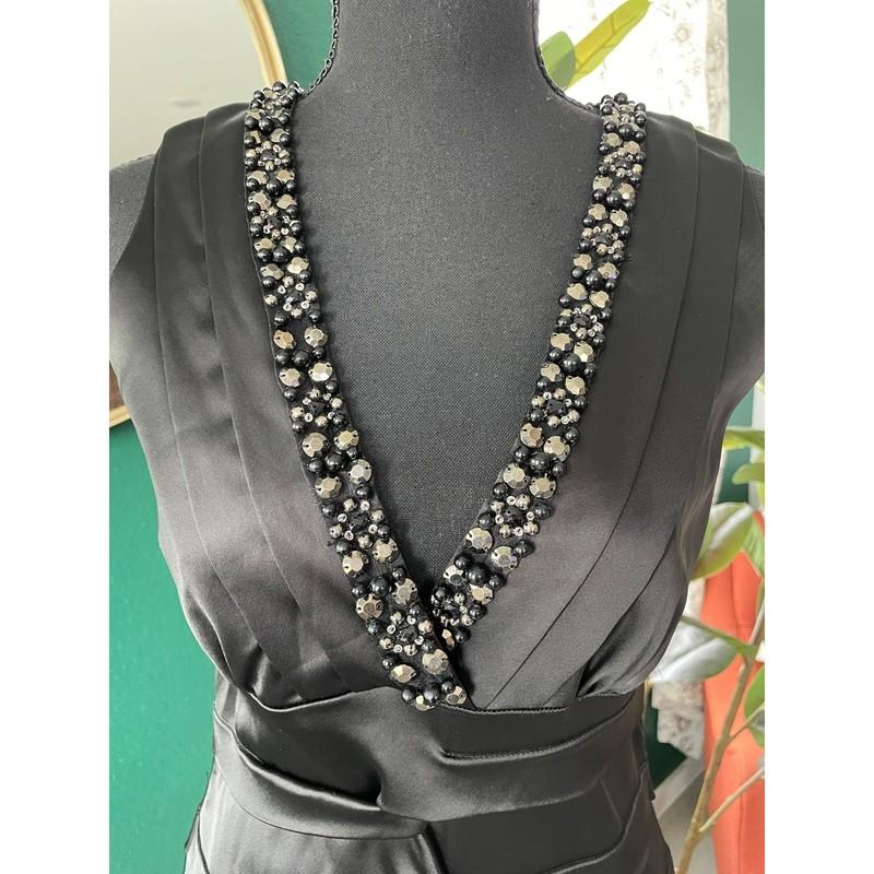 Cache Ruched Satin Beaded Bodycon Cocktail Dress Women 10 Black Sleeveless Party