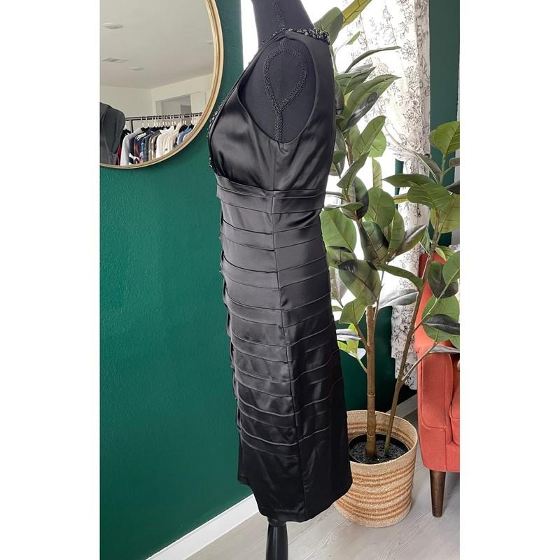 Cache Ruched Satin Beaded Bodycon Cocktail Dress Women 10 Black Sleeveless Party
