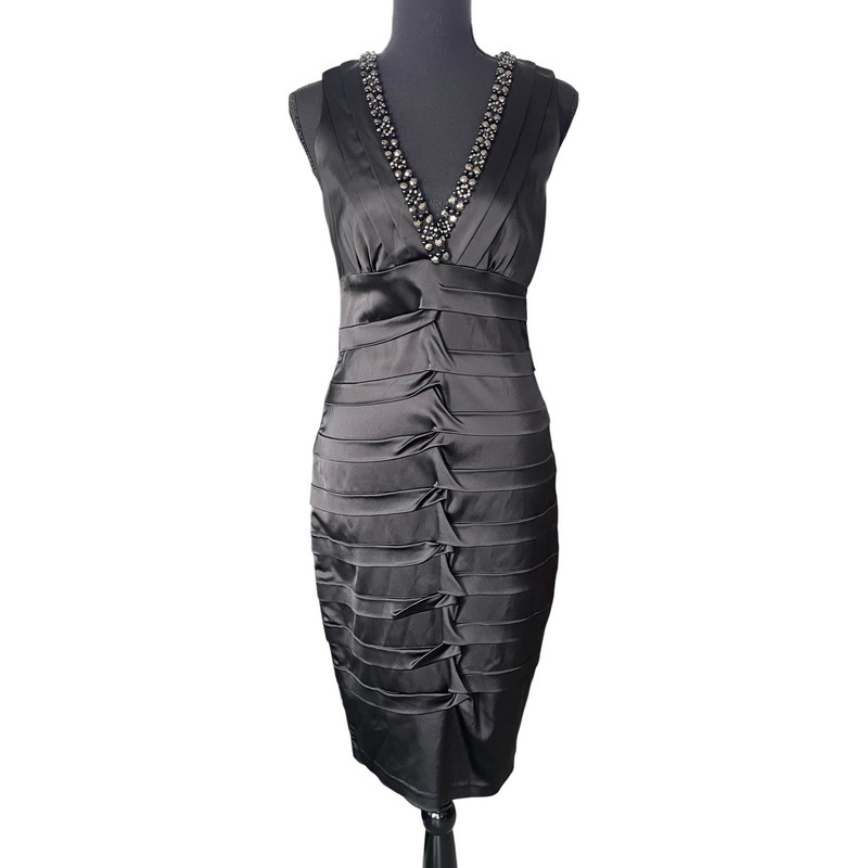 Cache Ruched Satin Beaded Bodycon Cocktail Dress Women 10 Black Sleeveless Party